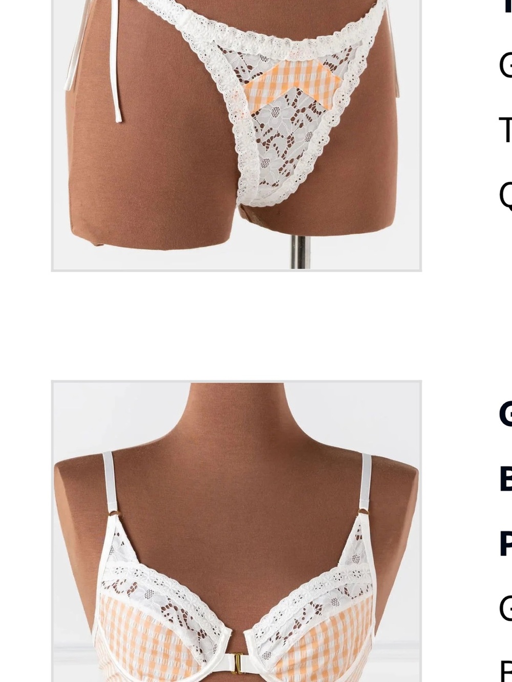 Mentionables White & Peach Gingham Lace Trim Bra and Thong Set